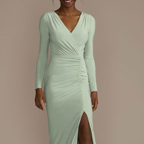 DB Studio Long Sleeve Ruched Jersey Sheath Bridesmaid Dress - Picture 1 of 2